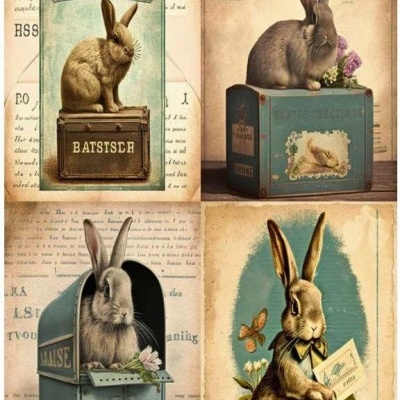 Quatro ilustrações vintage de coelhos com elementos de caixas e texto antigo
