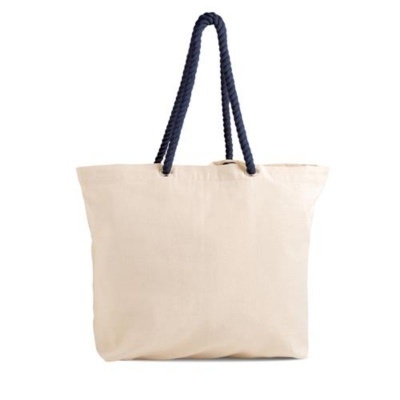 Bolsa bege com alças de corda azul