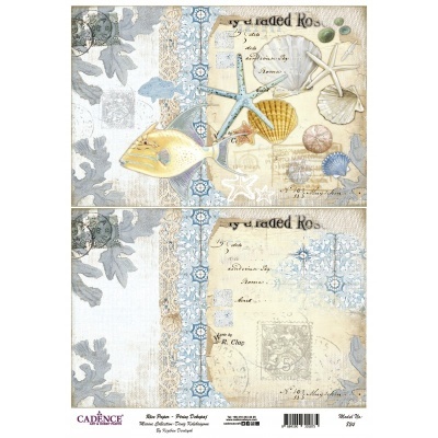 Papel de parede decorativo com padrão marítimo em tons azul e bege.