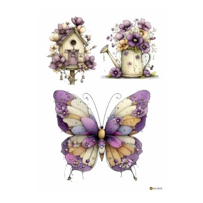 Ilustração de casinha de pássaros, regador com flores e borboleta colorida