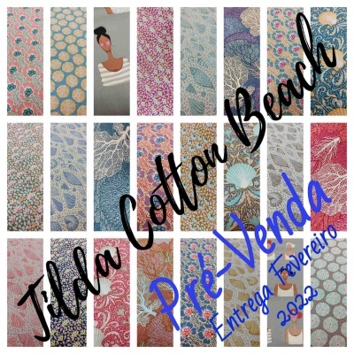 Padrões coloridos de tecido Tilda Cotton Beach com texto de pré-venda