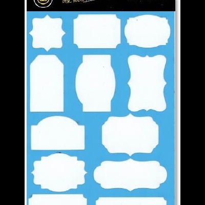 Stencil plástico azul com várias formas vazadas e embalagem preta com texto