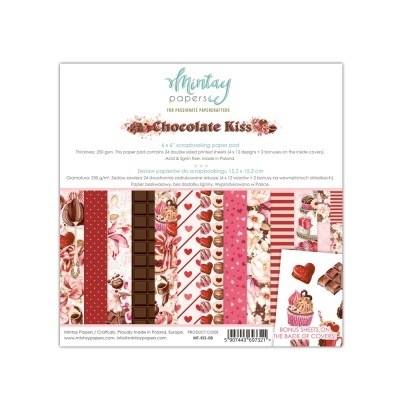Folhas de papel de scrapbook com desenhos de chocolates e corações