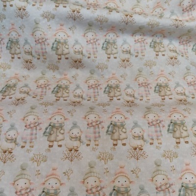 Tecido com padrão de bonecos de neve em tons pastel sobre fundo claro