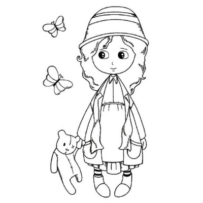 Desenho a preto e branco de uma rapariga com ursinho e borboletas