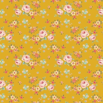 Pano amarelo com padrão floral cor de rosa, azul e branco