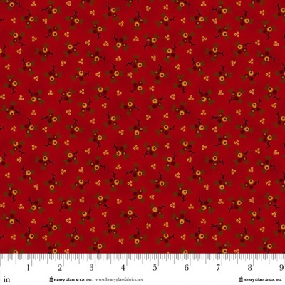 Tecido vermelho com padrão floral pequeno e régua para escala