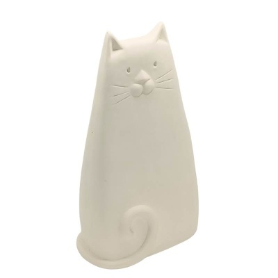 Estatueta decorativa de gato em cerâmica branca com relevo