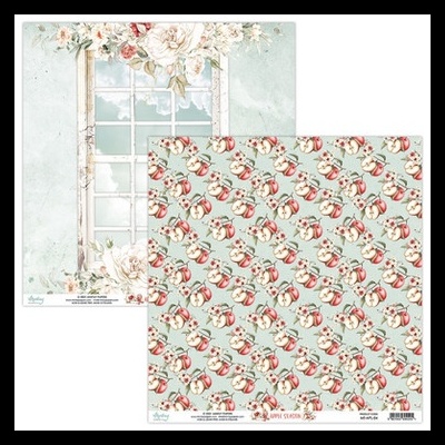 Papel decorativo com padrão de janela e flores e padrão de maçãs em fundo azul