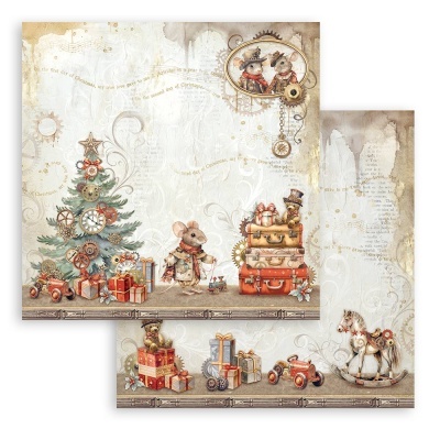 Papel decorativo com ilustrações de Natal e brinquedos vintage