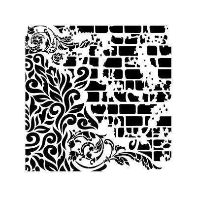 Padrão gráfico preto e branco com textura de tijolos e desenhos florais