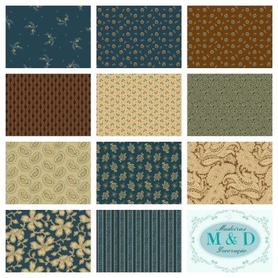 Padrões têxteis variados e logotipo de Madeiras M&D Decoração