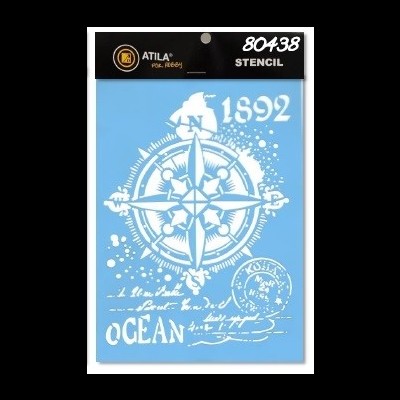 Stencil azul com desenho de bússola branca e texto OCEAN em embalagem preta e amarela