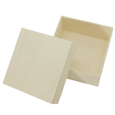 Caixa quadrada aberta de madeira clara com tampa