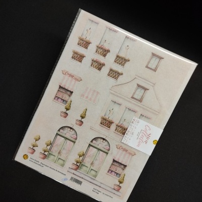 Papel decorativo com imagens arquitetónicas em tons pastel e etiqueta branca