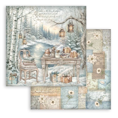 Paisagem nevada de inverno com mesa, lanterna e presentes em ambiente decorativo