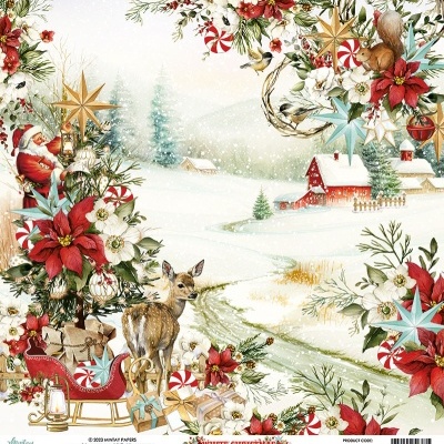 Papel decorativo Natal paisagem nevada com rena e flores