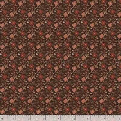 Tecido castanho com padrão floral pequeno multicolor e régua para medidas.