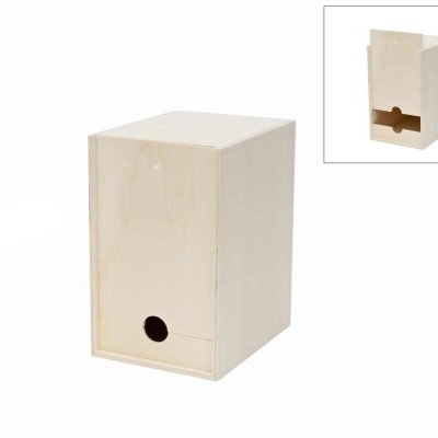 Caixa organizadora retangular em madeira clara com buraco circular frontal