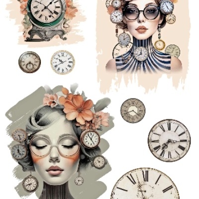 Ilustração de mulheres com decoração de relógios antigos e flores