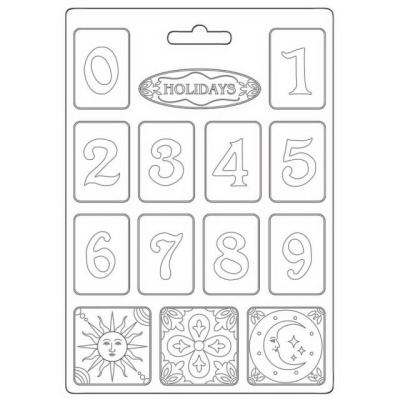 Folha de stencil com números e desenhos temáticos de sol, decoração floral e lua