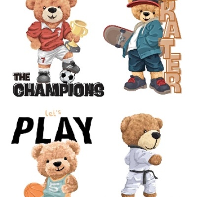 Quatro ursinhos de pelúcia em diferentes trajes e textos temáticos desportivos