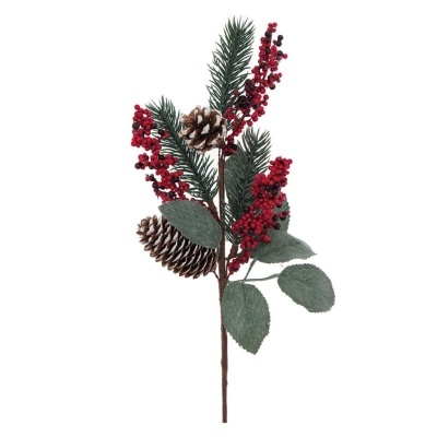 Ramo decorativo com folhas, bagas vermelhas, pinhas e agulhas de pinheiro