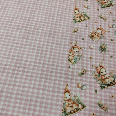 Tecido rosa xadrez com estampa de coelhos e flores