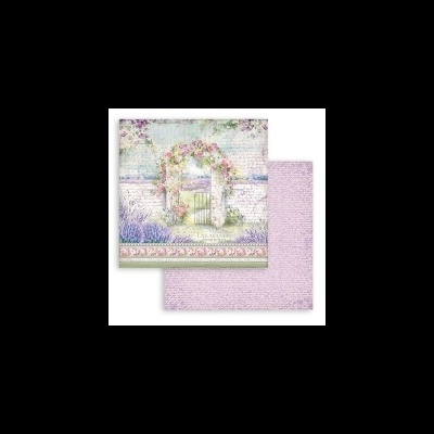 Papel decorativo de scrapbooking com padrão de jardim e verso com texto lilás