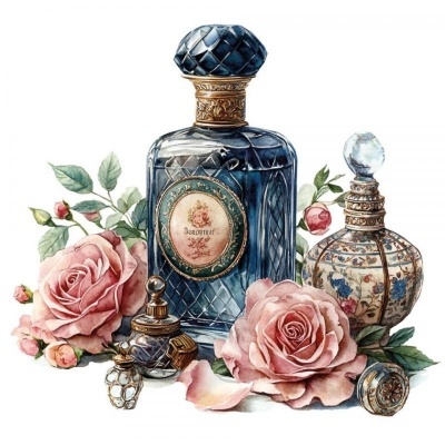 Frascos vintage de perfume em vidro com rosas cor-de-rosa e folhas verdes