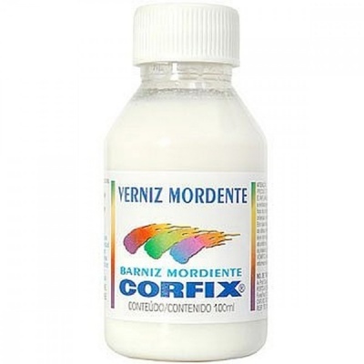 Frasco branco de verniz mordente Corfix com tampa branca e rótulo colorido