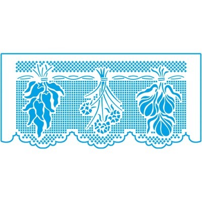 Cortina branca com padrão azul de folhas e flores penduradas em laços