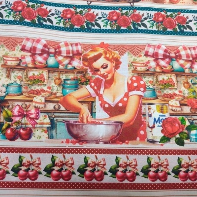 tecido com estampa vintage de mulher a cozinhar e cerejas