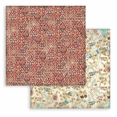 Folhas de papel decorativo com padrões geométrico vermelho e floral multicolorido