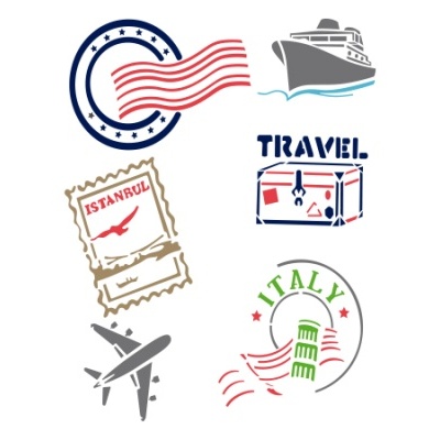 Vários carimbos e ícones de viagem com cores azul, vermelho, cinza e verde.