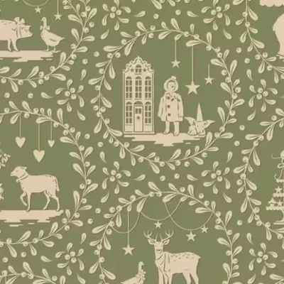 Papel de parede verde com padrão vintage bege de animais e figuras