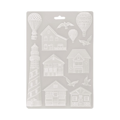 Molde transparente com desenhos de balões, casas, pássaros e farol