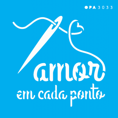 Design gráfico azul com agulha branca e texto 'amor em cada ponto'.
