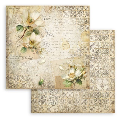 Papéis decorativos com flores brancas, folhas verdes e azulejos antigos em padrão repetido
