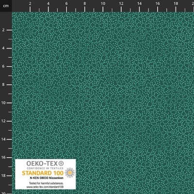 Tecido verde com pequenos pontinhos brancos e etiqueta OEKO-TEX