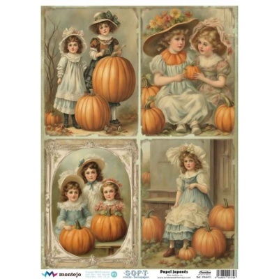 Desenhos vintage de crianças com roupas antigas e abóboras em tons pastel