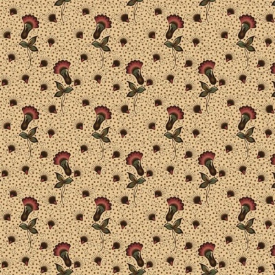 Tecido bege com padrão floral vermelho, verde e preto