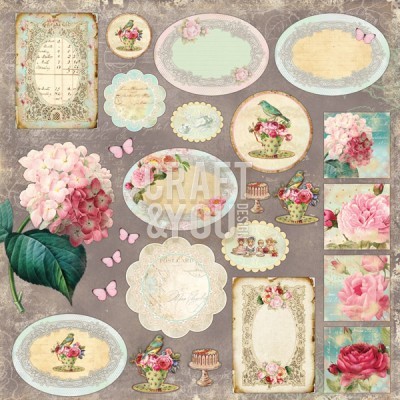 Etiquetas decorativas vintage com flores, pássaros, chávenas e bolos em tons pastel e bege.
