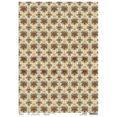 Papel de parede estilo tapeçaria com padrão floral decorativo em tons vermelhos e verdes sobre fundo creme