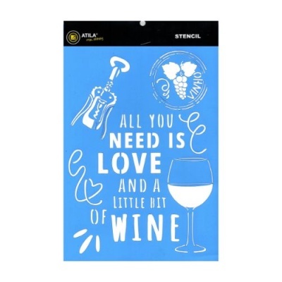 Stencil azul com texto e desenhos relacionados com vinho