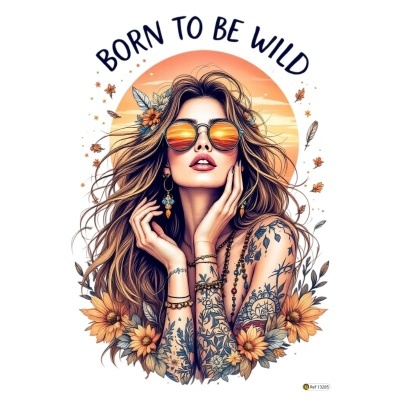 Mulher com cabelos castanhos, óculos espelhados, tatuagens e flores com texto Born to be Wild
