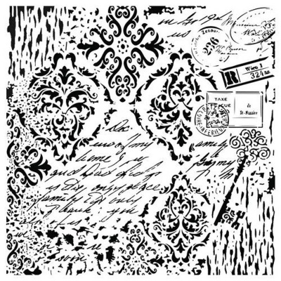 Padrão decorativo preto e branco com texto manuscrito e carimbos em fundo branco.