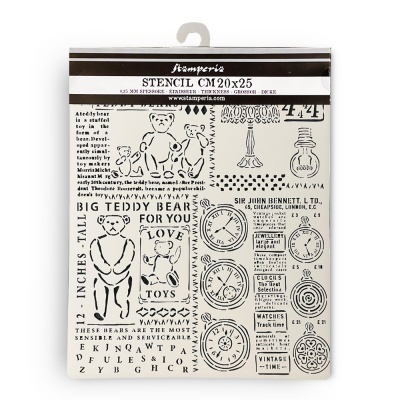 Stencil transparente com desenhos e textos em preto de urso de peluche e relógios vintage