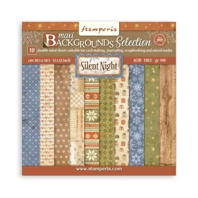 Bloco de papel dupla face para scrapbook com 10 folhas de padrões natalícios e de inverno variados.