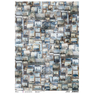 Papel de parede com padrão de quadros de barcos em tons azuis e cinzas